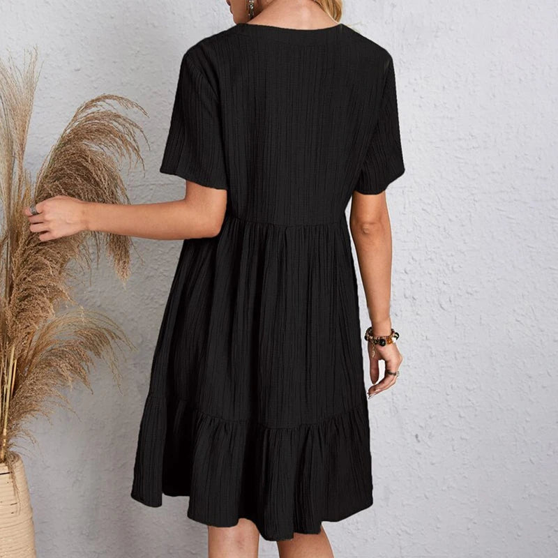 Summer Dress Casual V Neck Short Sleeve Loose Fit.