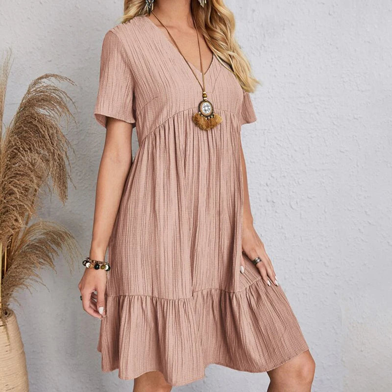 Summer Dress Casual V Neck Short Sleeve Loose Fit.