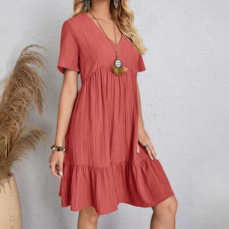 Summer Dress Casual V Neck Short Sleeve Loose Fit.