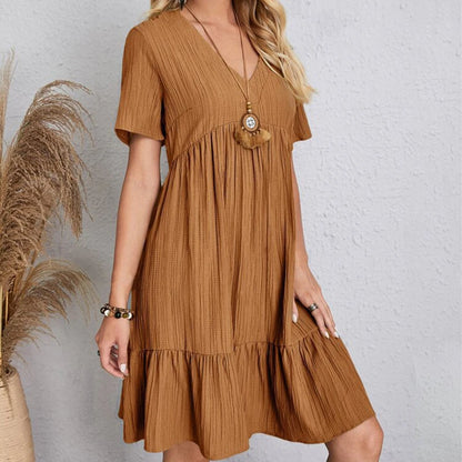 Summer Dress Casual V Neck Short Sleeve Loose Fit.