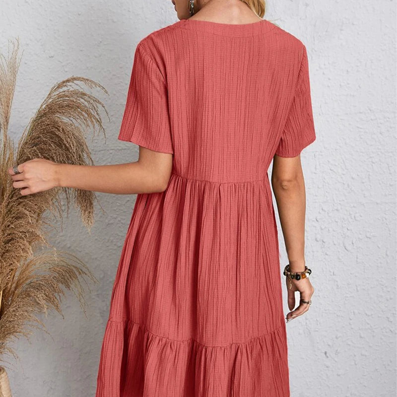 Summer Dress Casual V Neck Short Sleeve Loose Fit.