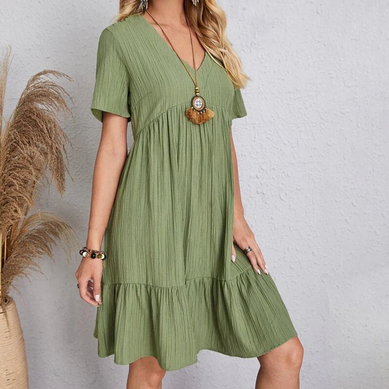 Summer Dress Casual V Neck Short Sleeve Loose Fit.