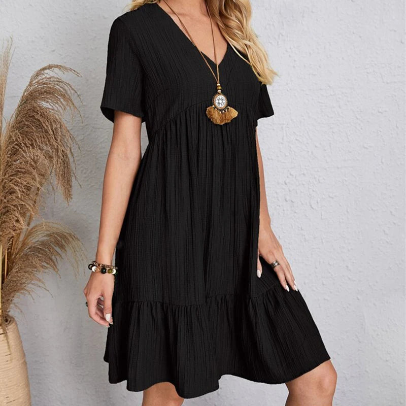 Summer Dress Casual V Neck Short Sleeve Loose Fit.