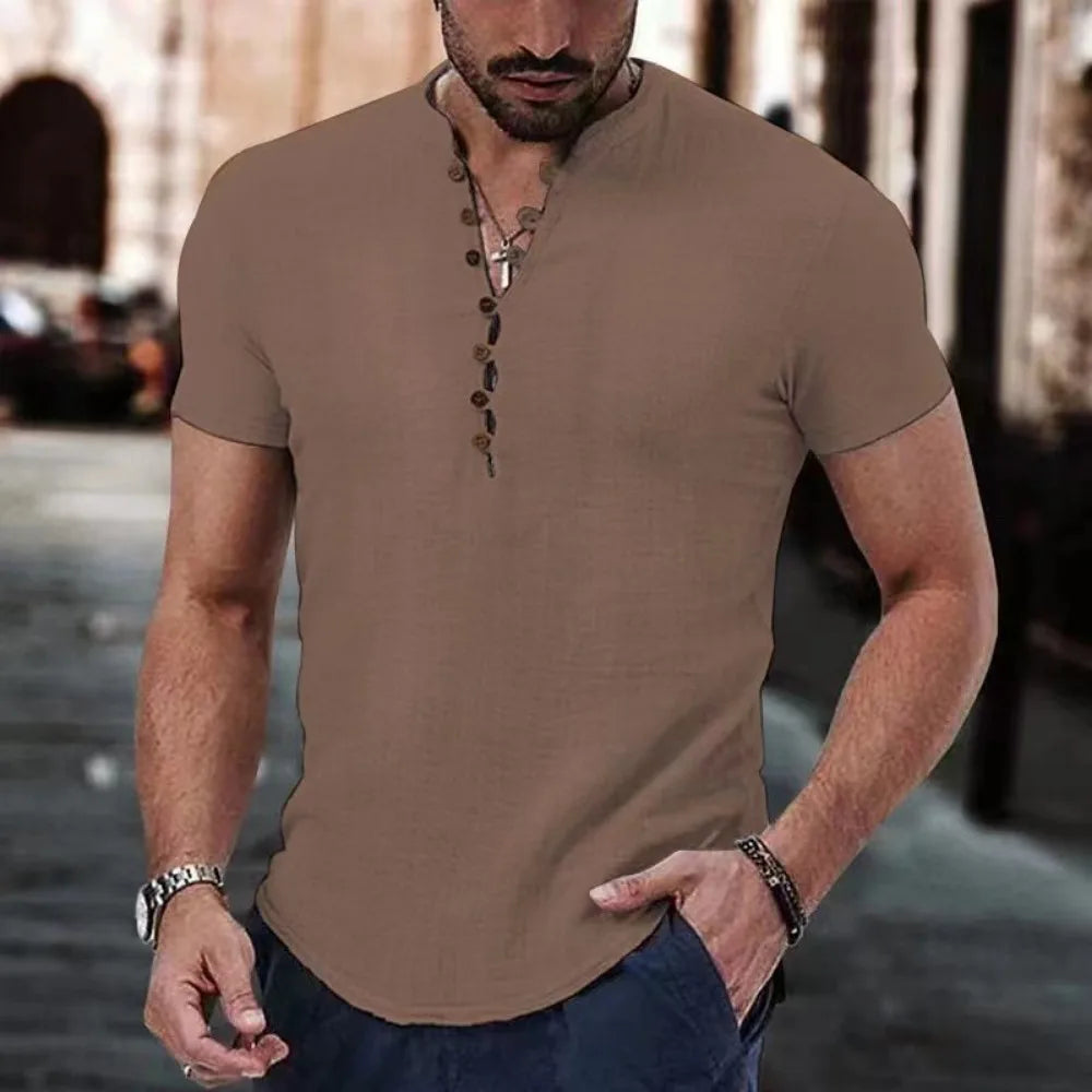 Men's Short Sleeve V-neck button Cotton Linen Casual Shirt