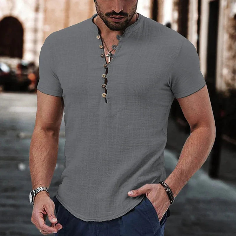 Men's Short Sleeve V-neck button Cotton Linen Casual Shirt