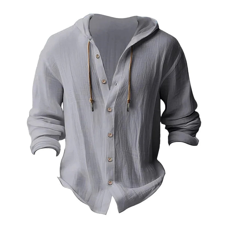 Men's hooded drawstring cotton and linen cardigan, trendy and versatile beach shirt