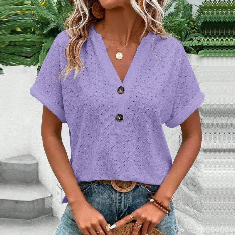 Casual Jacquard Button V-Neck Top.