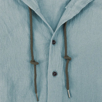 Men's hooded drawstring cotton and linen cardigan, trendy and versatile beach shirt