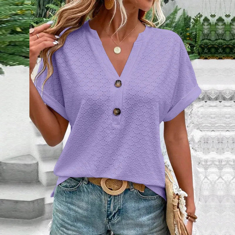 Casual Jacquard Button V-Neck Top.