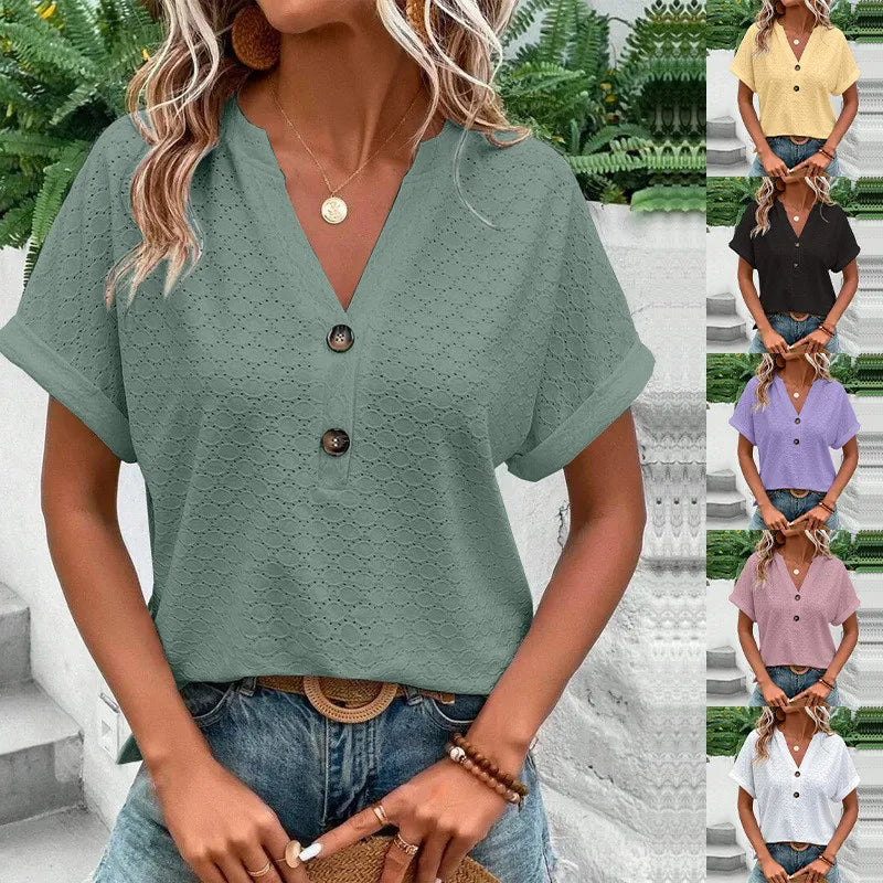 Casual Jacquard Button V-Neck Top.