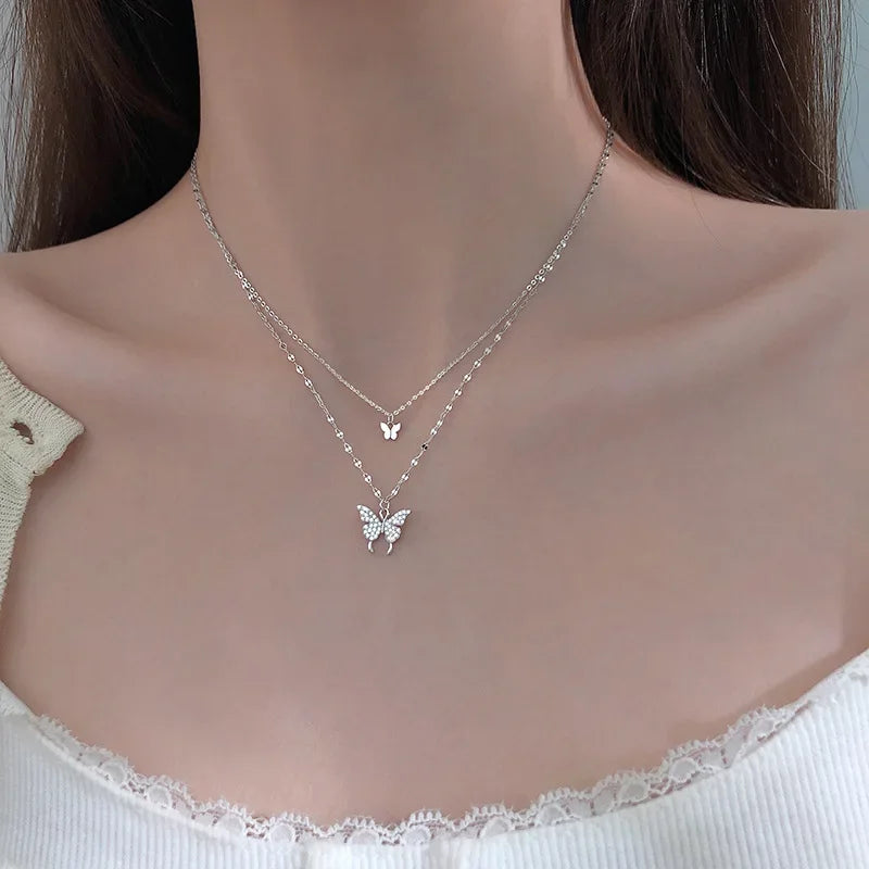 Butterfly Pendant Necklace - Short Chain Mini Butterflies Fashion Jewelry