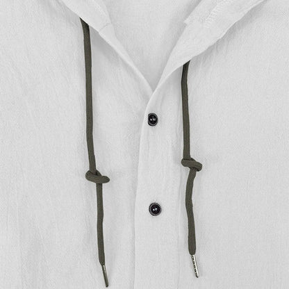 Men's hooded drawstring cotton and linen cardigan, trendy and versatile beach shirt