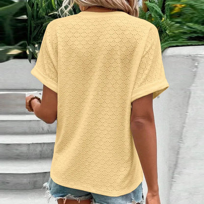 Casual Jacquard Button V-Neck Top.