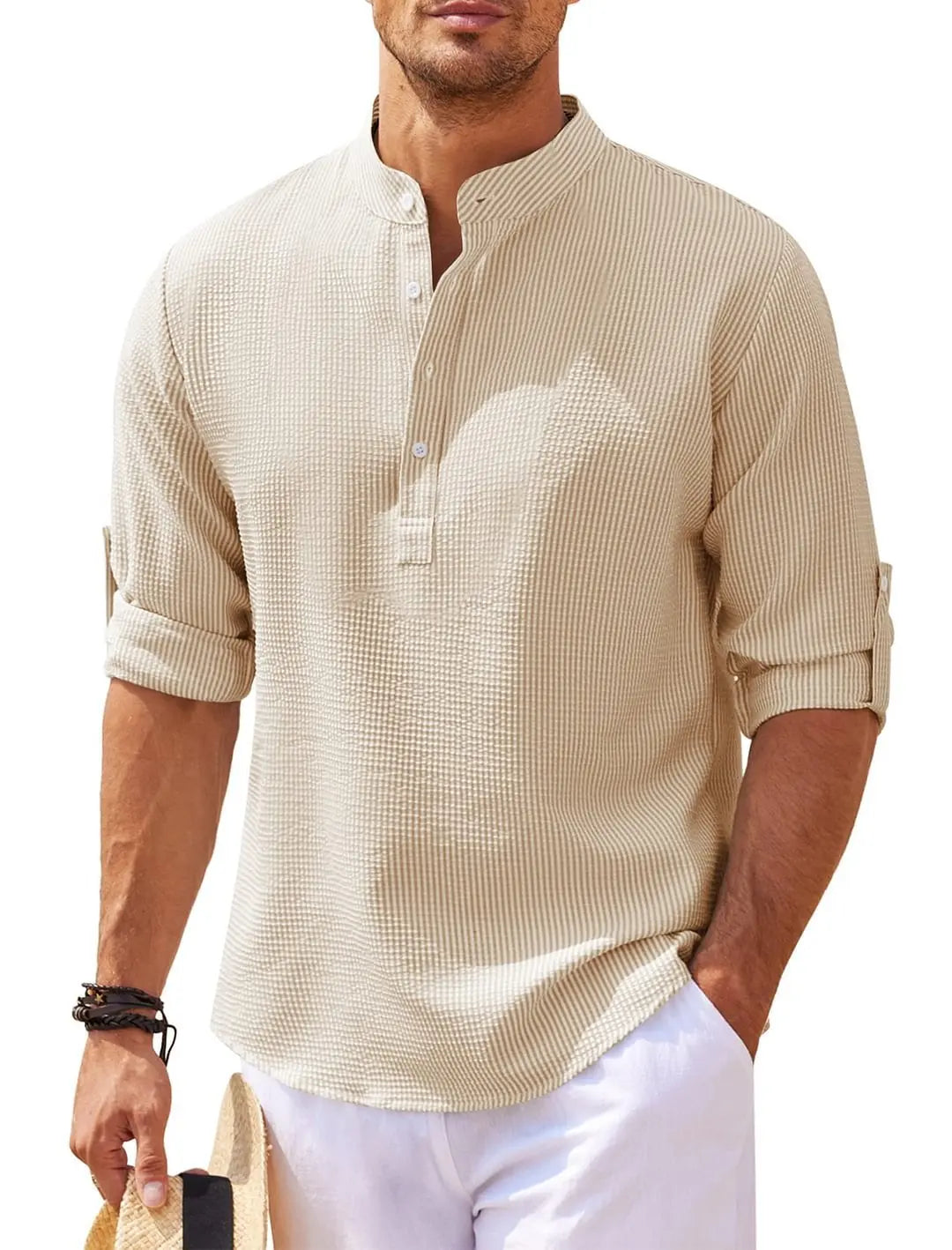 Long-Sleeved Casual Linen Beach Shirt.