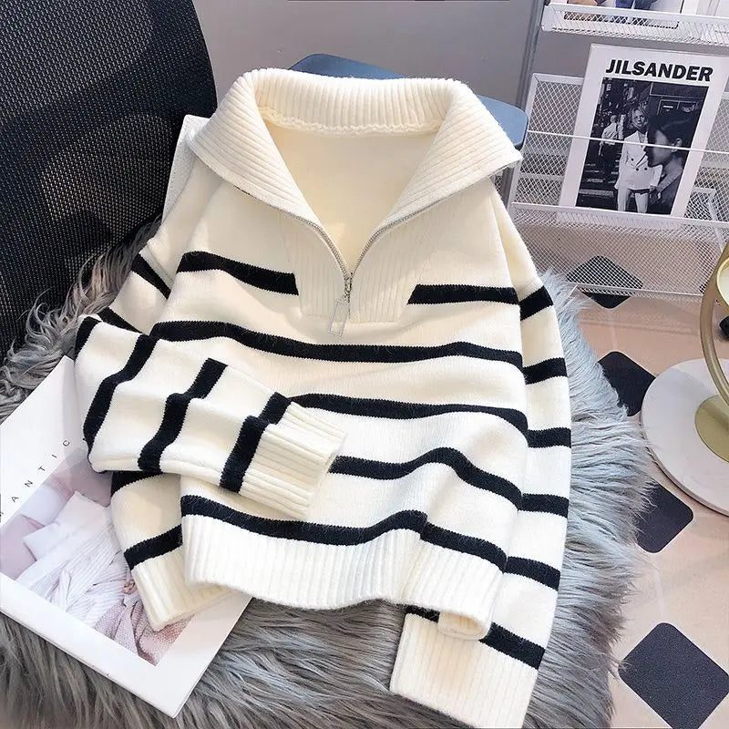 Zipper Stripe Short Style Premium Sweater.