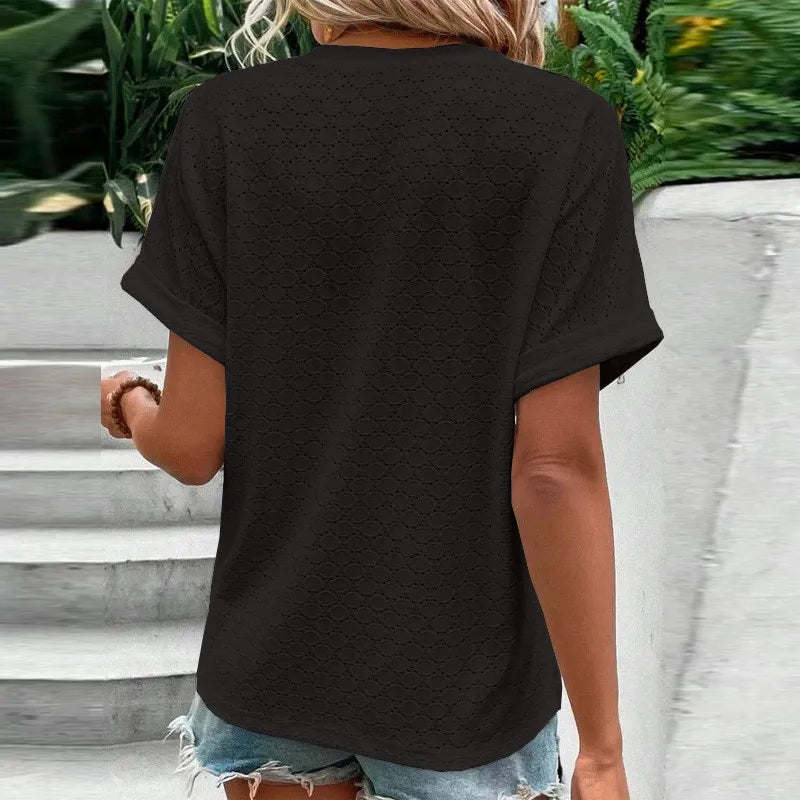 Casual Jacquard Button V-Neck Top.