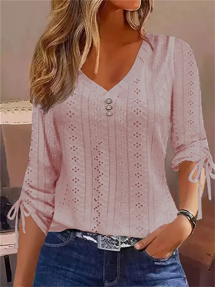 Long Sleeve Casual Button V-Neck Shirt.