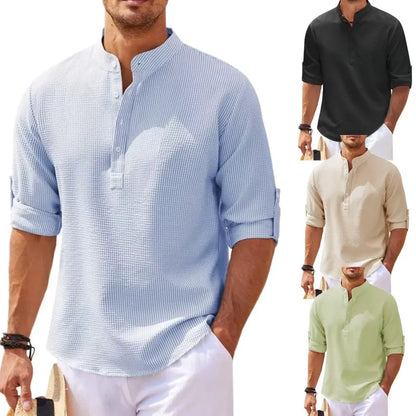 Long-Sleeved Casual Linen Beach Shirt.