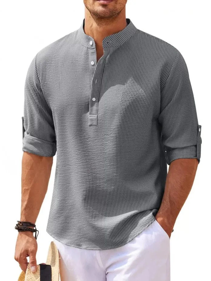 Long-Sleeved Casual Linen Beach Shirt.