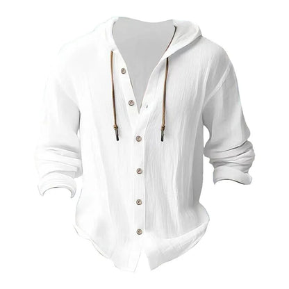 Men's hooded drawstring cotton and linen cardigan, trendy and versatile beach shirt