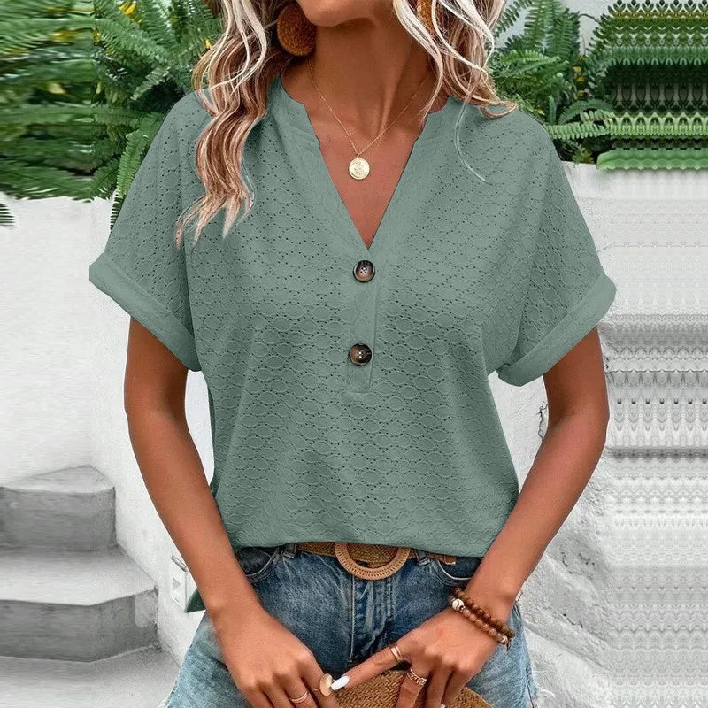 Casual Jacquard Button V-Neck Top.