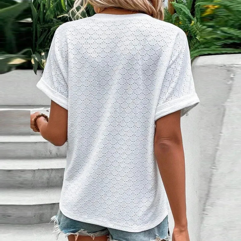 Casual Jacquard Button V-Neck Top.