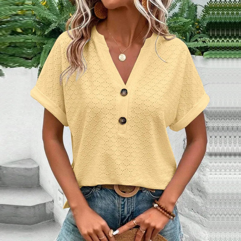 Casual Jacquard Button V-Neck Top.