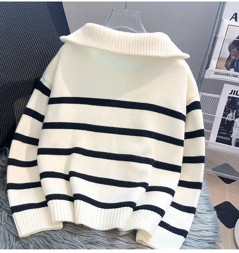 Zipper Stripe Short Style Premium Sweater.