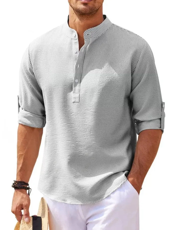 Long-Sleeved Casual Linen Beach Shirt.