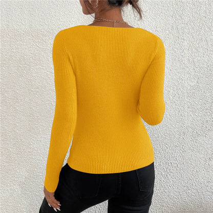 Solid Rib Knit V Neck Pullover Sweater.