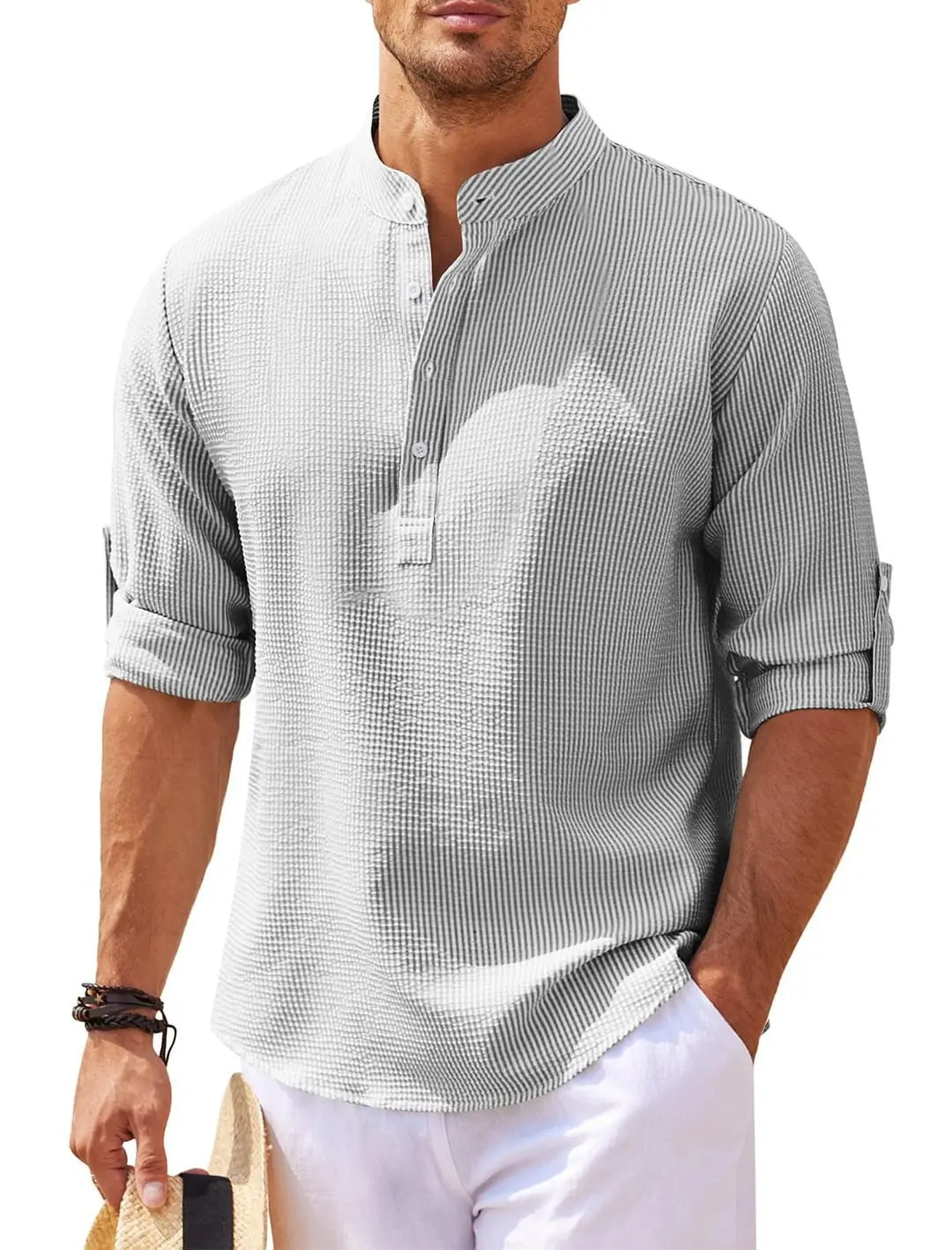 Long-Sleeved Casual Linen Beach Shirt.