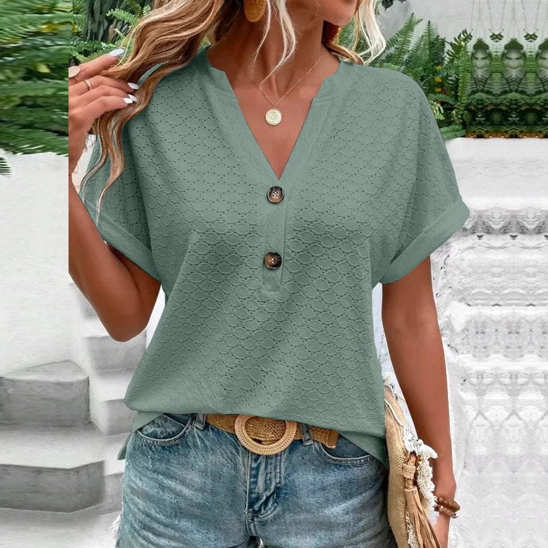 Casual Jacquard Button V-Neck Top.