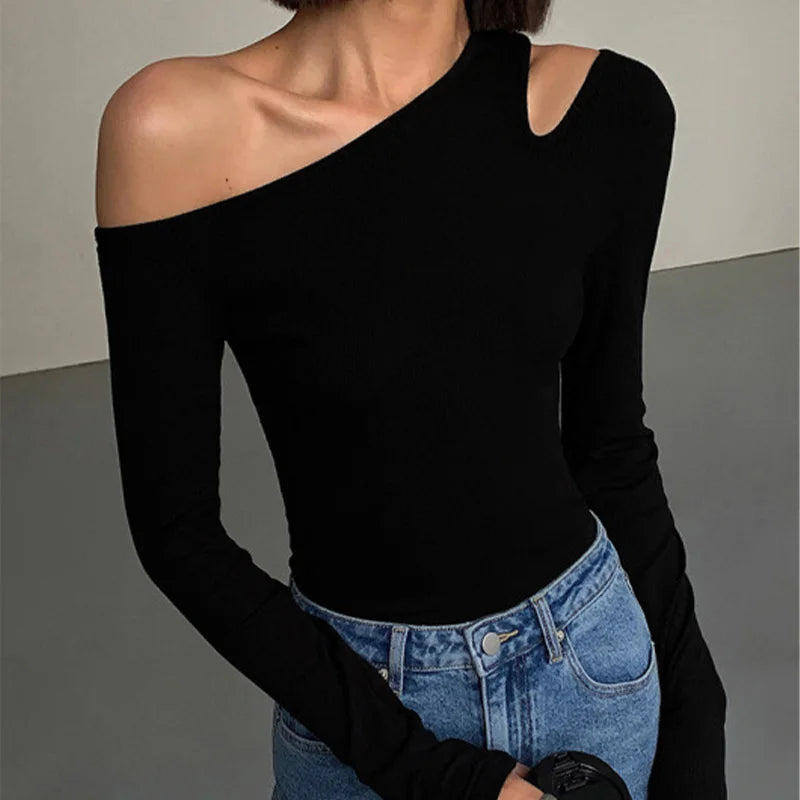 Off-shoulder Long-sleeve Slim Fit Shirt.