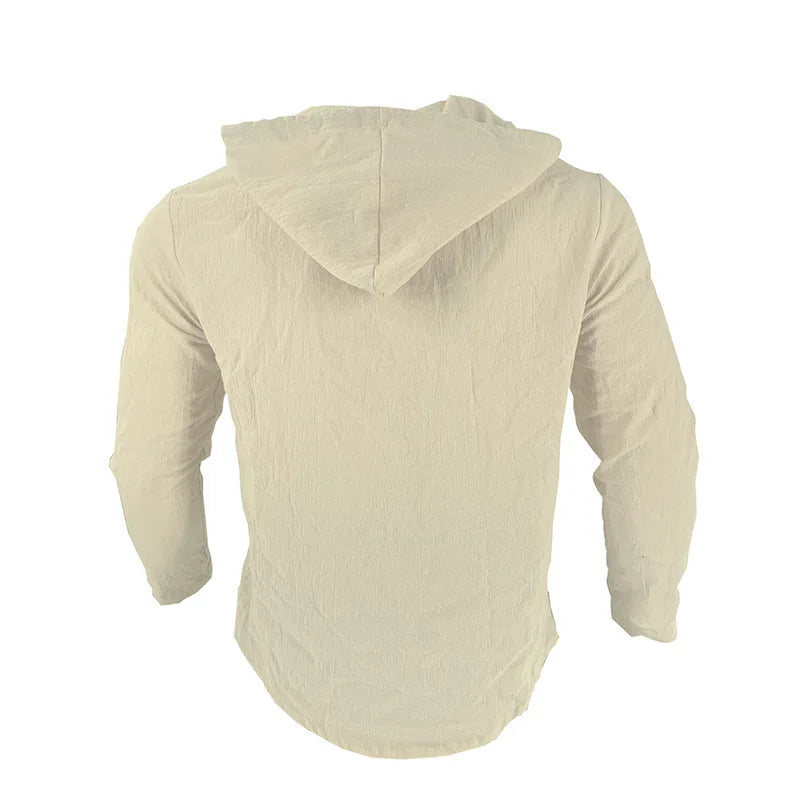 Men's hooded drawstring cotton and linen cardigan, trendy and versatile beach shirt