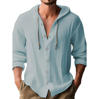 Men's hooded drawstring cotton and linen cardigan, trendy and versatile beach shirt