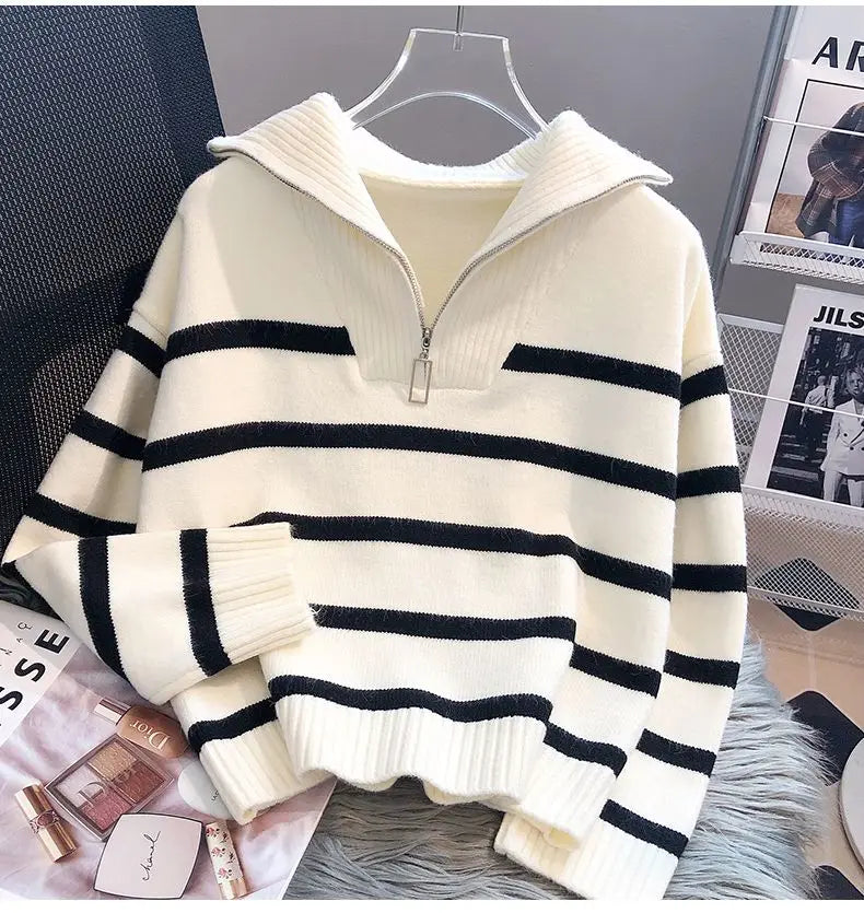 Zipper Stripe Short Style Premium Sweater.