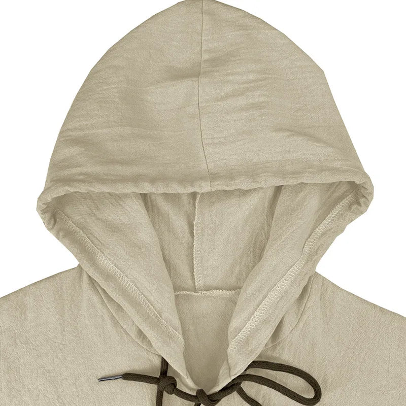 Men's hooded drawstring cotton and linen cardigan, trendy and versatile beach shirt