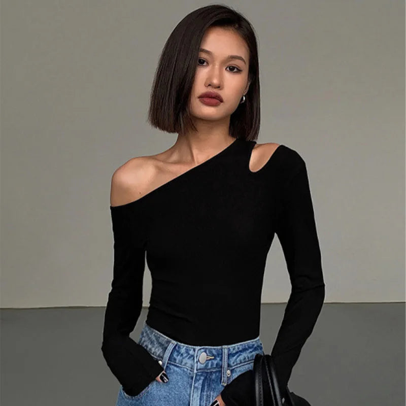 Off-shoulder Long-sleeve Slim Fit Shirt.