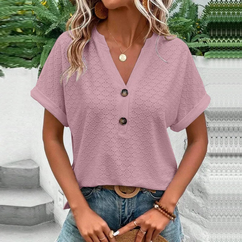 Casual Jacquard Button V-Neck Top.