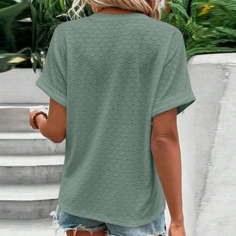 Casual Jacquard Button V-Neck Top.