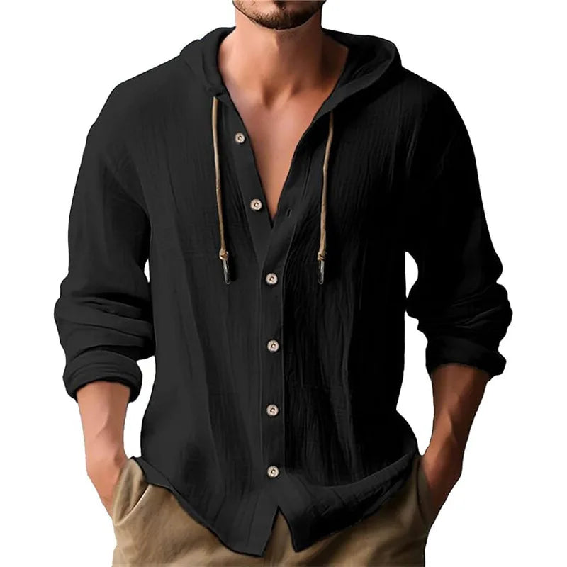 Men's hooded drawstring cotton and linen cardigan, trendy and versatile beach shirt