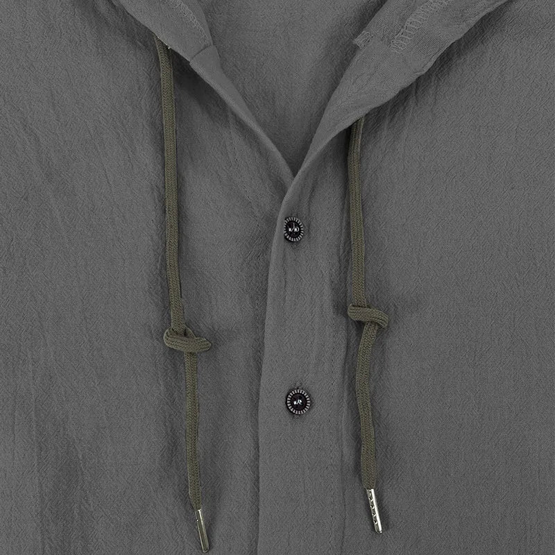 Men's hooded drawstring cotton and linen cardigan, trendy and versatile beach shirt