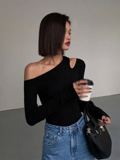 Off-shoulder Long-sleeve Slim Fit Shirt.