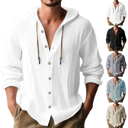 Men's hooded drawstring cotton and linen cardigan, trendy and versatile beach shirt