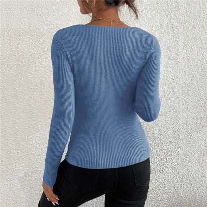 Solid Rib Knit V Neck Pullover Sweater.