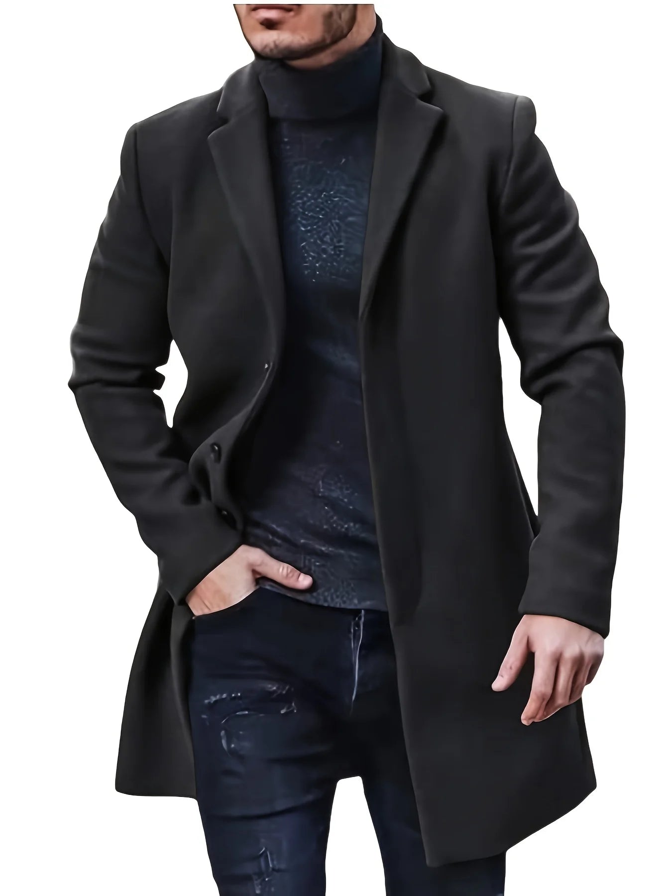 Woolen mid-length coat.