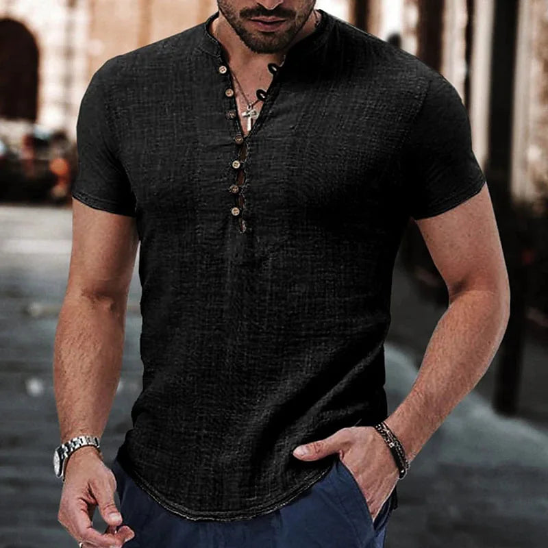 Men's Short Sleeve V-neck button Cotton Linen Casual Shirt