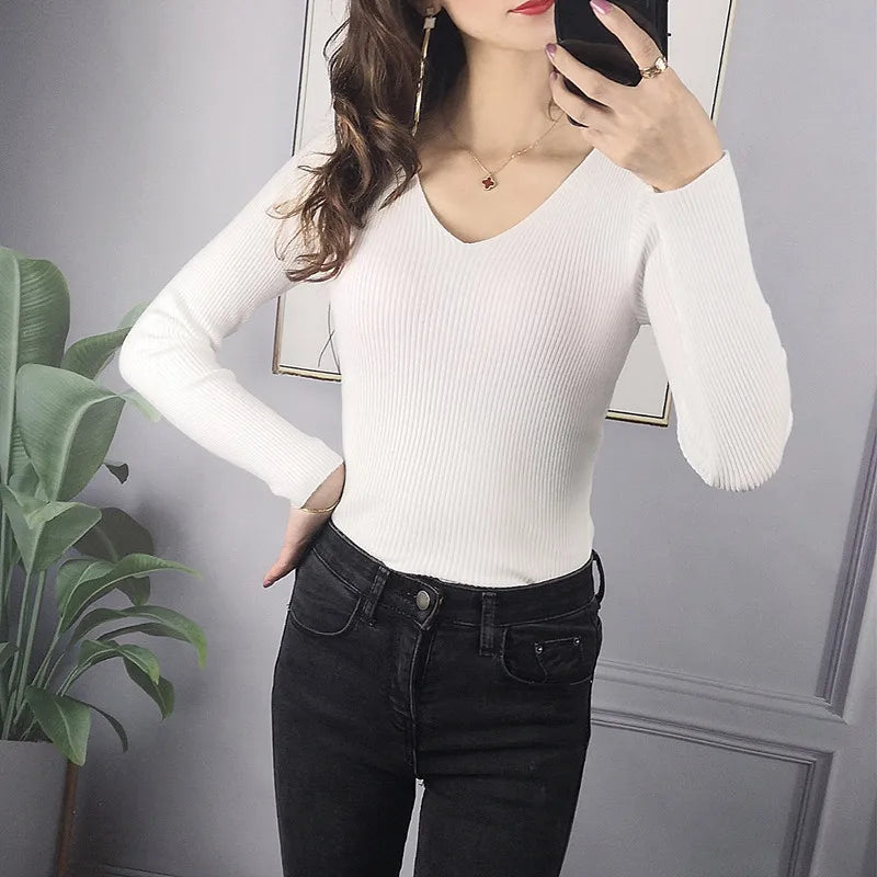 Solid Rib Knit V Neck Pullover Sweater.