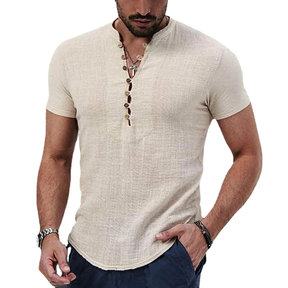 Men's Short Sleeve V-neck button Cotton Linen Casual Shirt