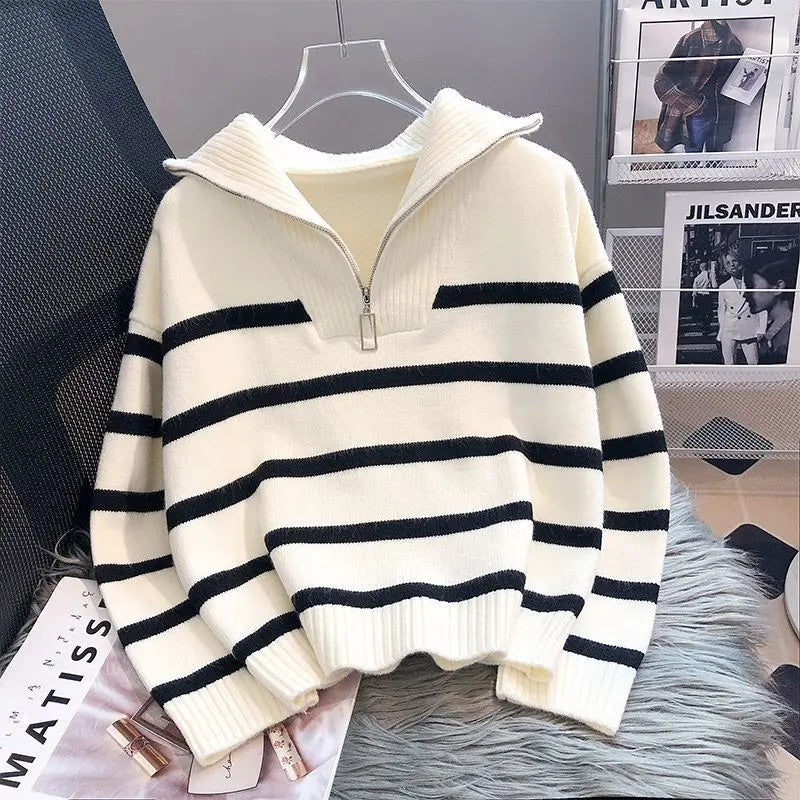 Zipper Stripe Short Style Premium Sweater.